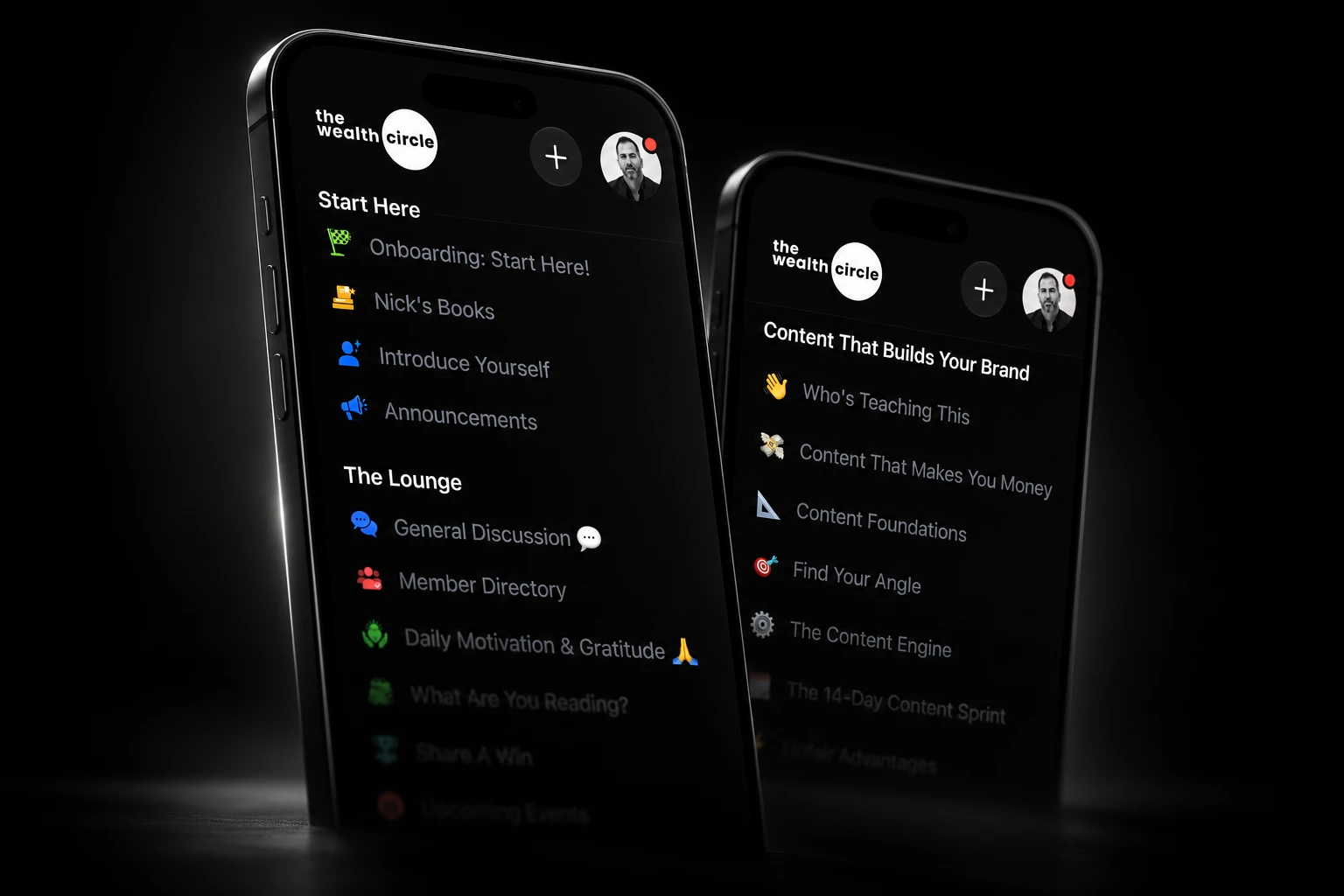 The Wealth Circle app on two phones, showing the Start Here and Lounge spaces and the content library