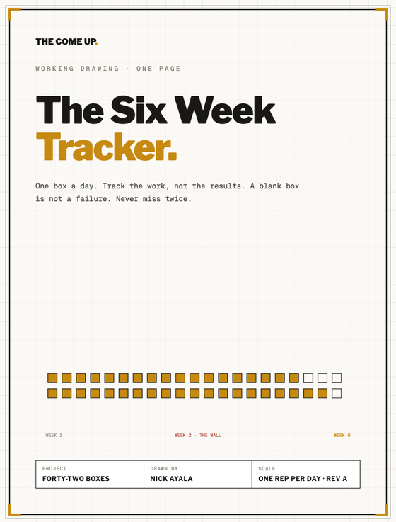 The Six Week Tracker, one page, forty-two boxes